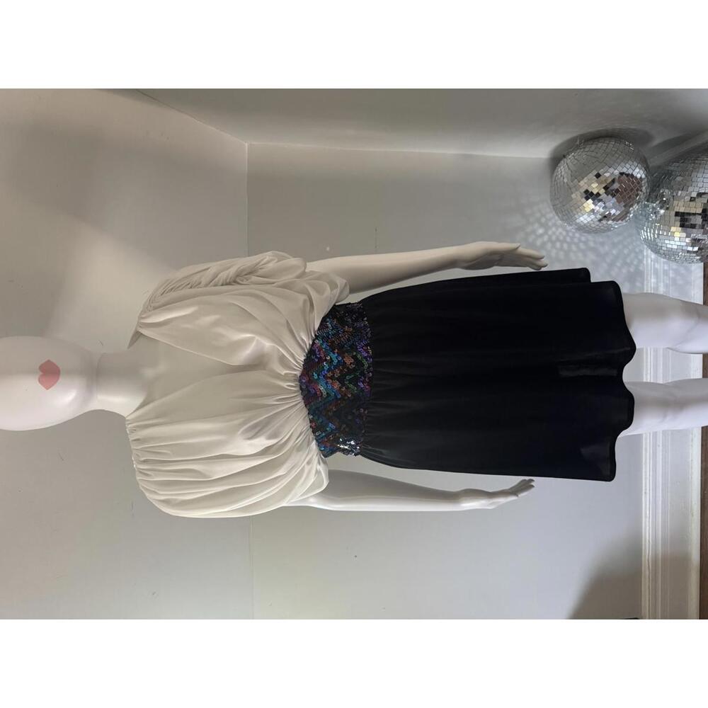Vntg 80s Sequin Waist Black White Mini Cocktail Dress Draped Bodice Sequin